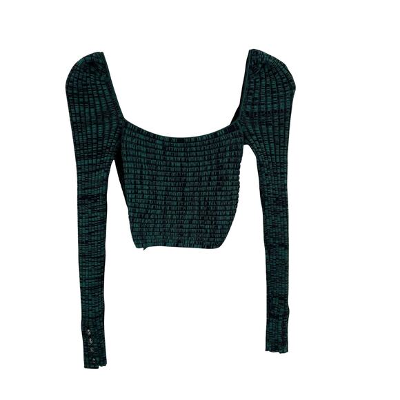 Self‎ Portrait Crossover Ribbed Knit Crop Top Long Sleeve Green Black Size Small - Picture 8 of 12